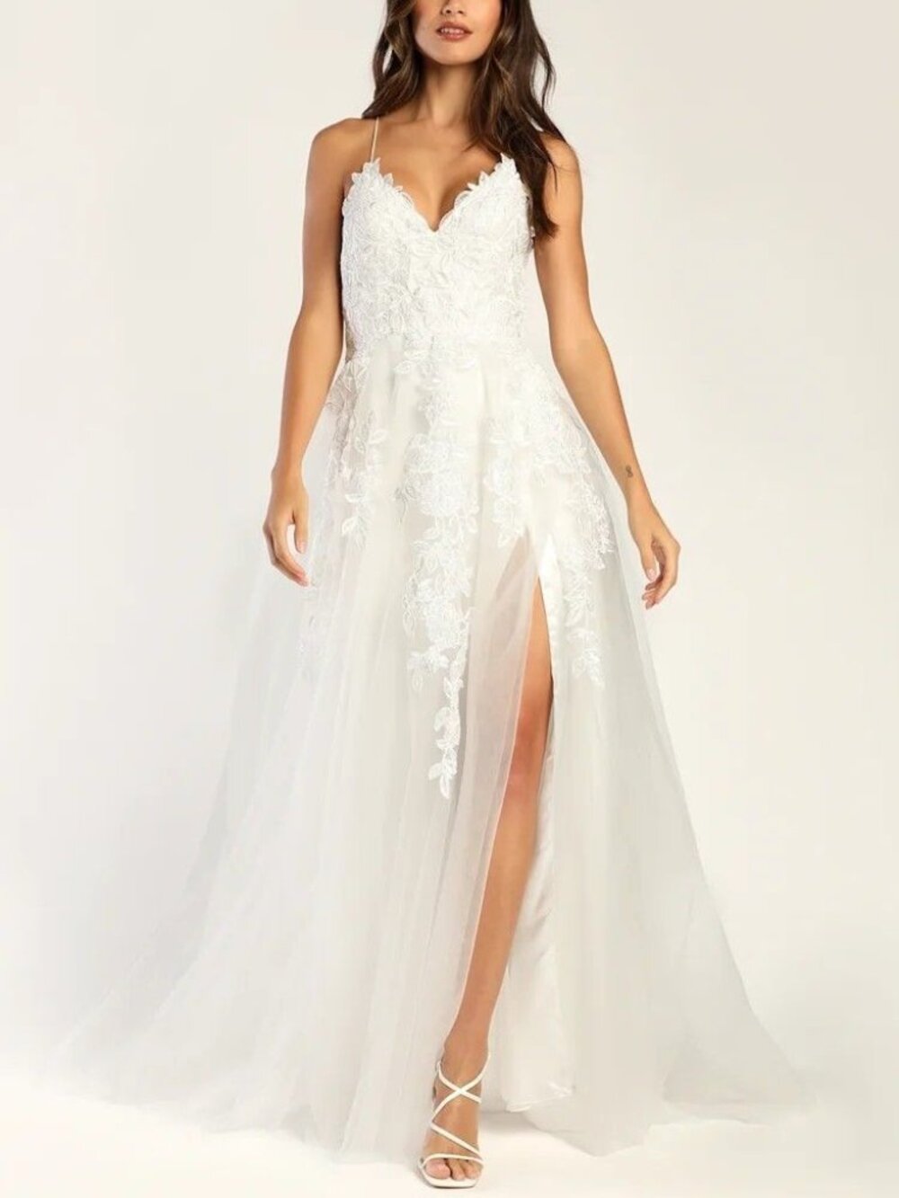 NWOT Lulus Vow to Cherish White Embroidered Lace-Up Tulle Maxi Dress Size 10
